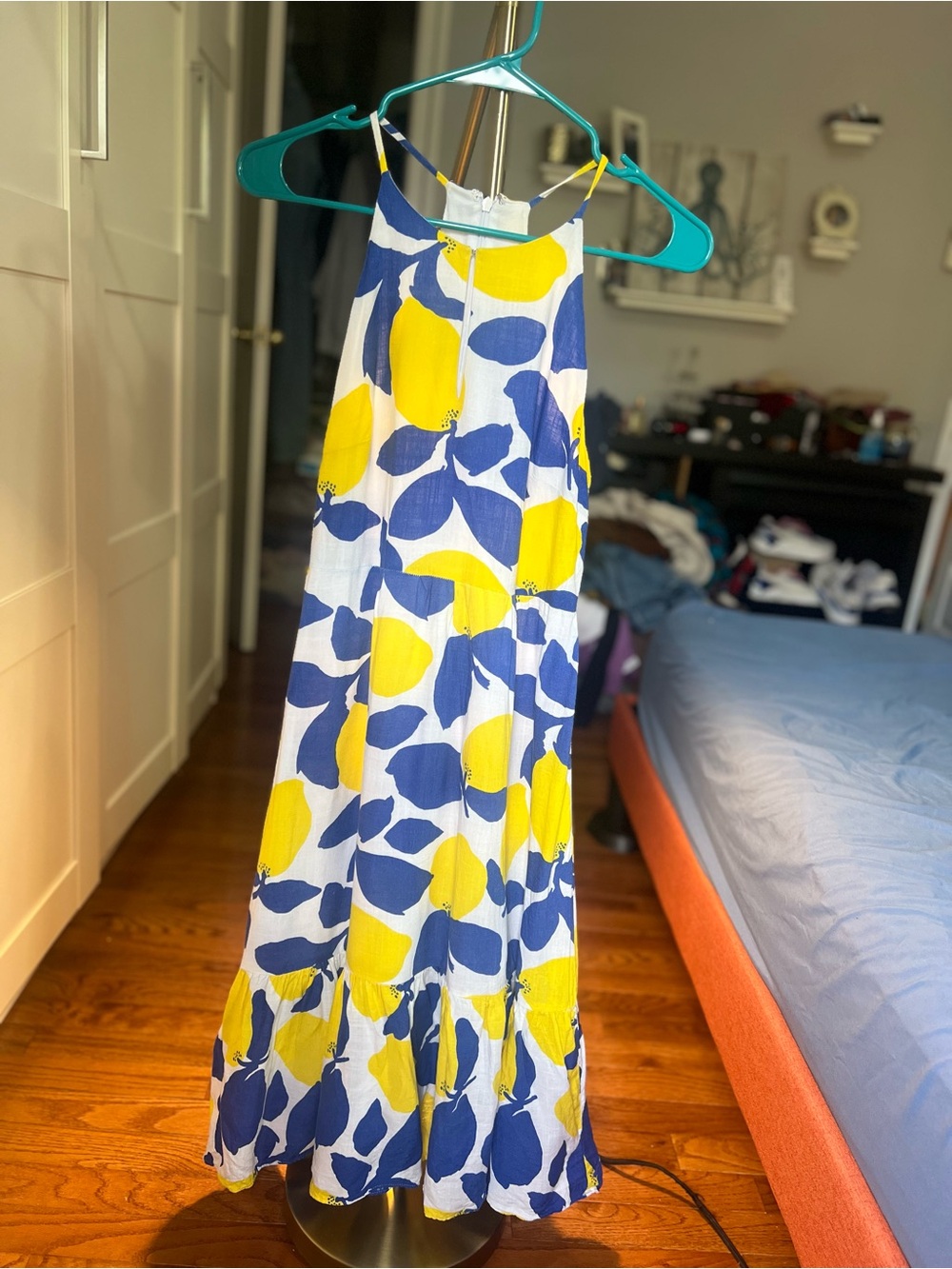 LOFT White Maxi Dress with Blue and Yellow Lemon Print
